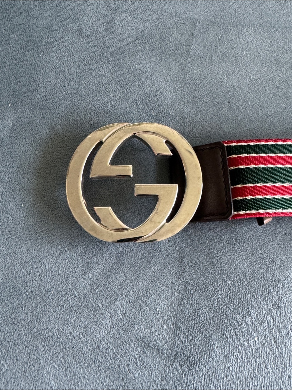 Gucci Classic Green and Red Stripe, Silver Double G Buckle  Stripe Belt